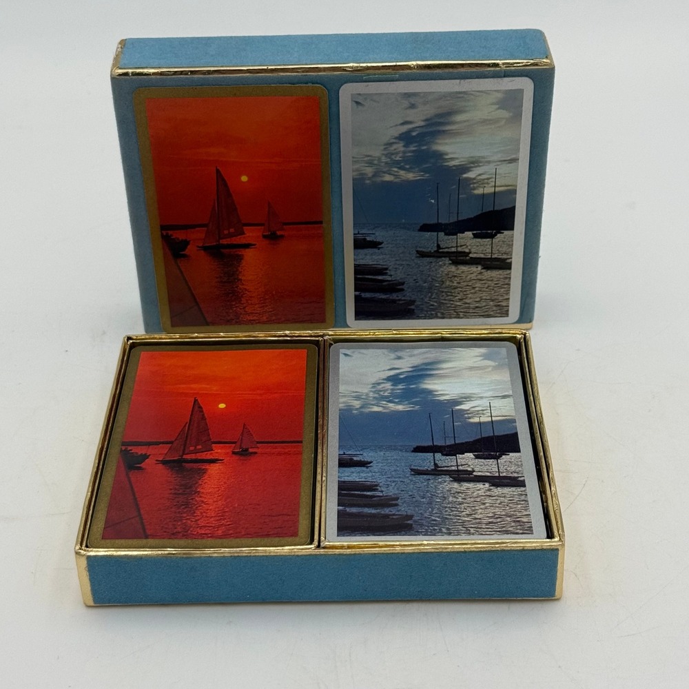 Vintage Congress Playing Cards Cel-U-Tone Finish Double Deck Sailboat Sunset